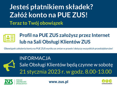 Wyświetla grafikę w większym rozmiarze w nakładce: Grafika informacyjna - Jesteś płatnikiem składek? Załóż konto na PUE ZUS!